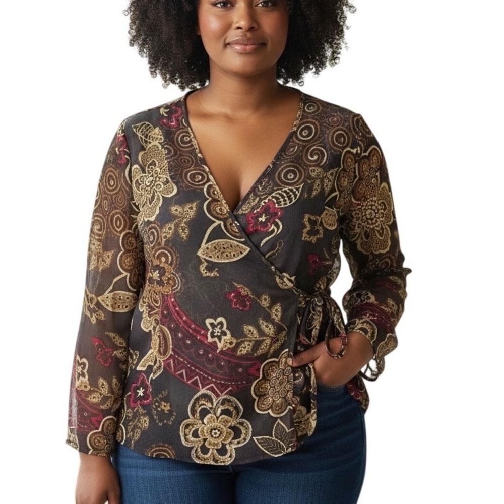 Chicos Paisley Floral Silk Wrap Blouse Size 3 Long Sleeve Semi Sheer Top